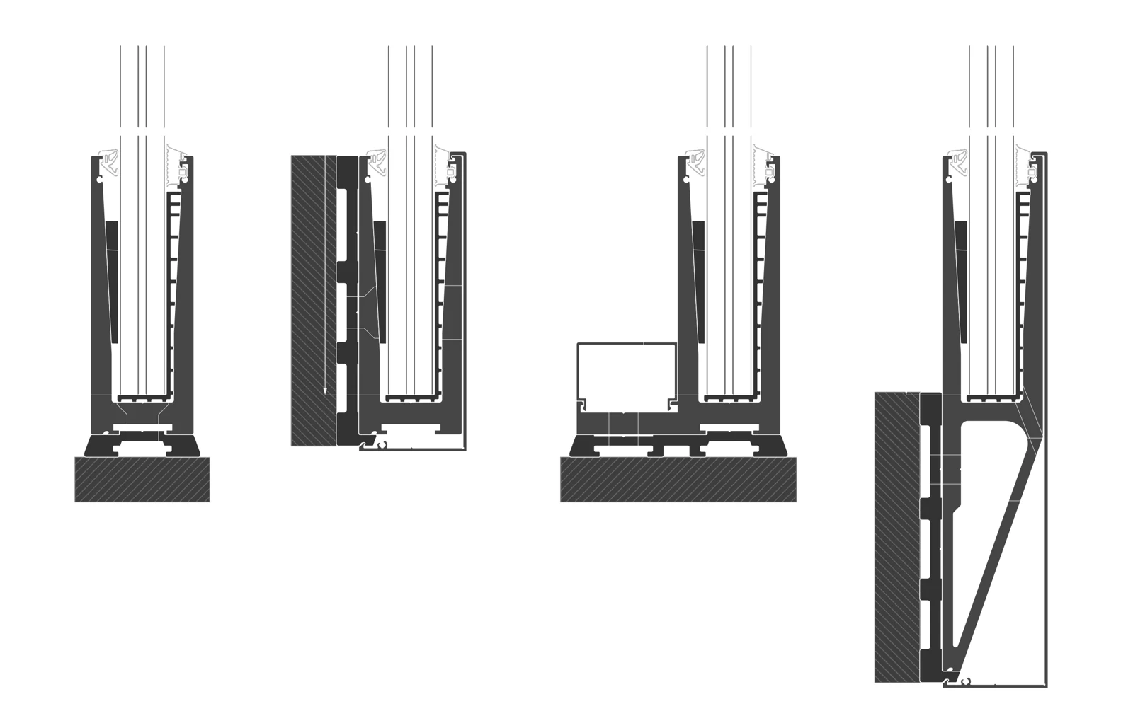 Technische Querschnitte der Aluminiumprofile von GP Railing mit eingespanntem Glas, auf der Decke und an der Stirnseite montiert